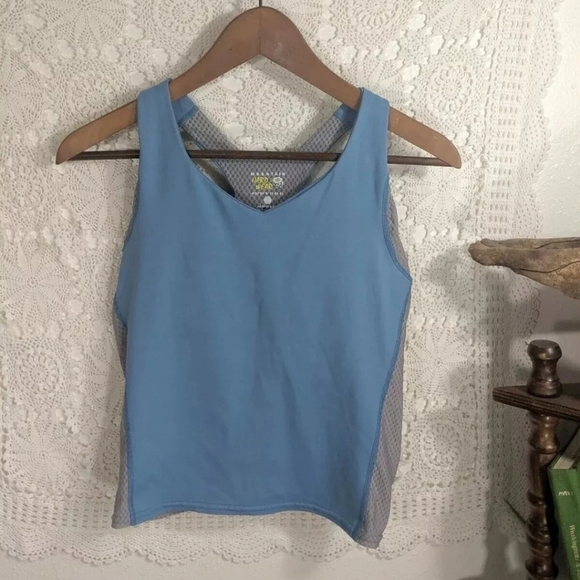 Mountain Hardwear Tank Top Women Medium Blue Crop Grey Light Built In Shelf Bra - Picture 1 of 7